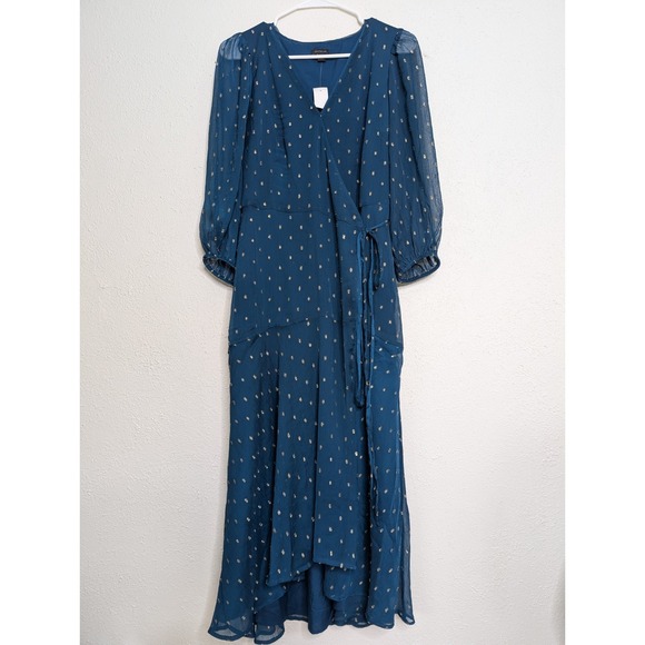 Ann Taylor Dresses & Skirts - Ann Taylor Women's Shimmer Clip Wrap Dress Size 8 Midi Teal V Neck Career Work